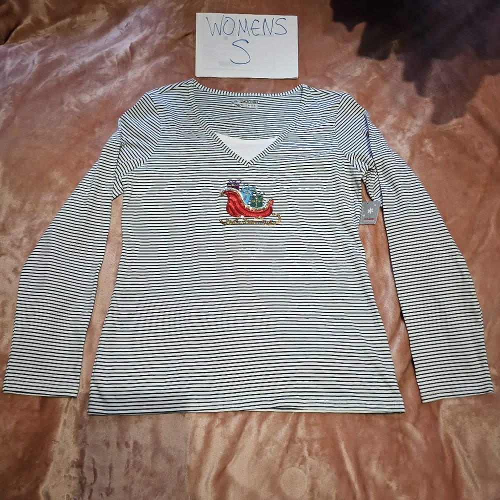 Womens S Holiday Editions Sequined Sleigh Mock Layer Long Sleeve Graphic Tee NWT
